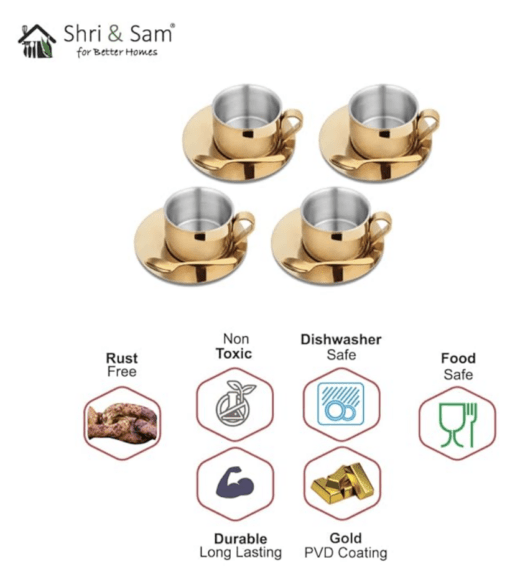 Shri & Sam Stainless Steel with Gold PVD Coating 4 Pieces First Impression Double Wall Cup and Saucer Set - Image 2